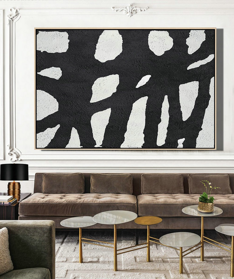 Acrylic Painting On Canvas,Oversized Horizontal Minimal Art On Canvas, Black And White Minimalist Painting - Abstract Oil Painting